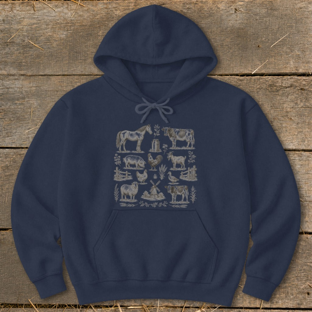 Navy hoodie with a graphic design of farm animals and a windmill.