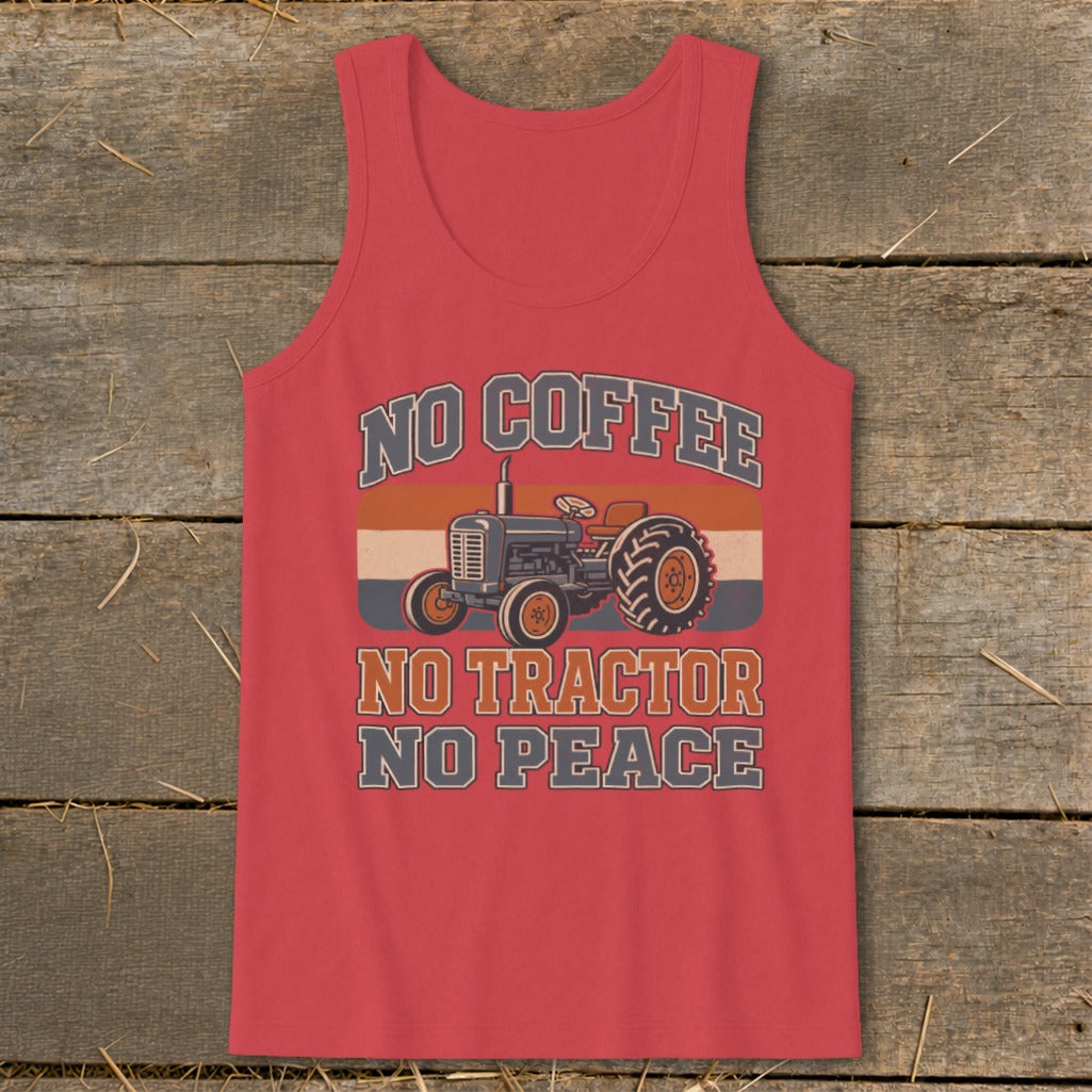 Red tank top with a vintage tractor graphic and text "NO COFFEE NO TRACTOR NO PEACE".