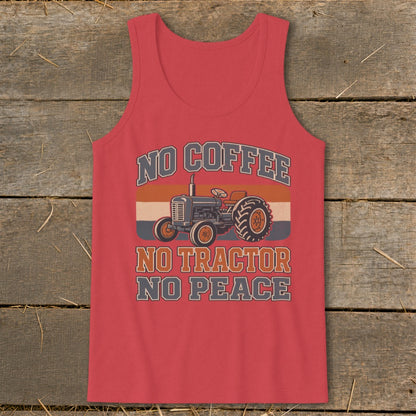Red tank top with a vintage tractor graphic and text "NO COFFEE NO TRACTOR NO PEACE".