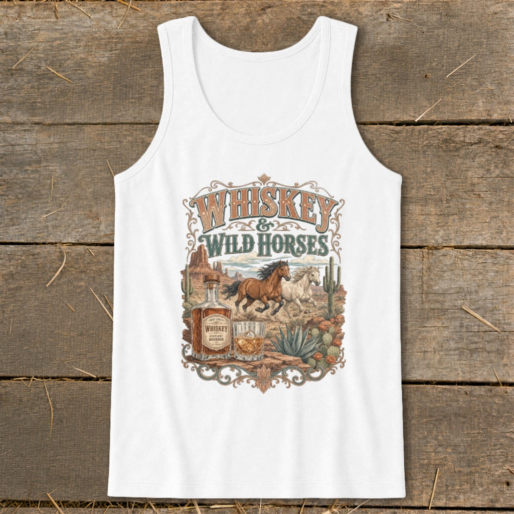 White tank top with "Whiskey & Wild Horses" design featuring horses, whiskey bottle, and desert landscape.