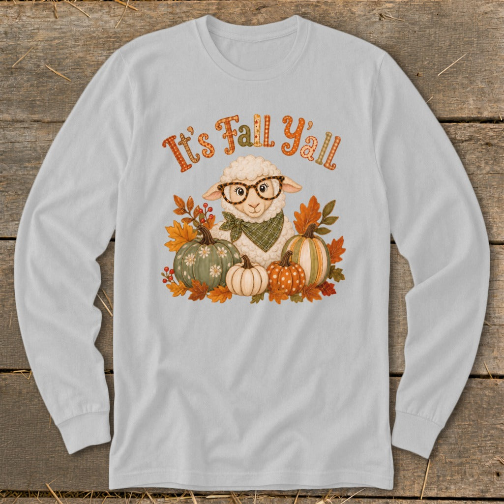 Sheep wearing glasses with pumpkins and fall leaves, text "It's Fall Y'all".