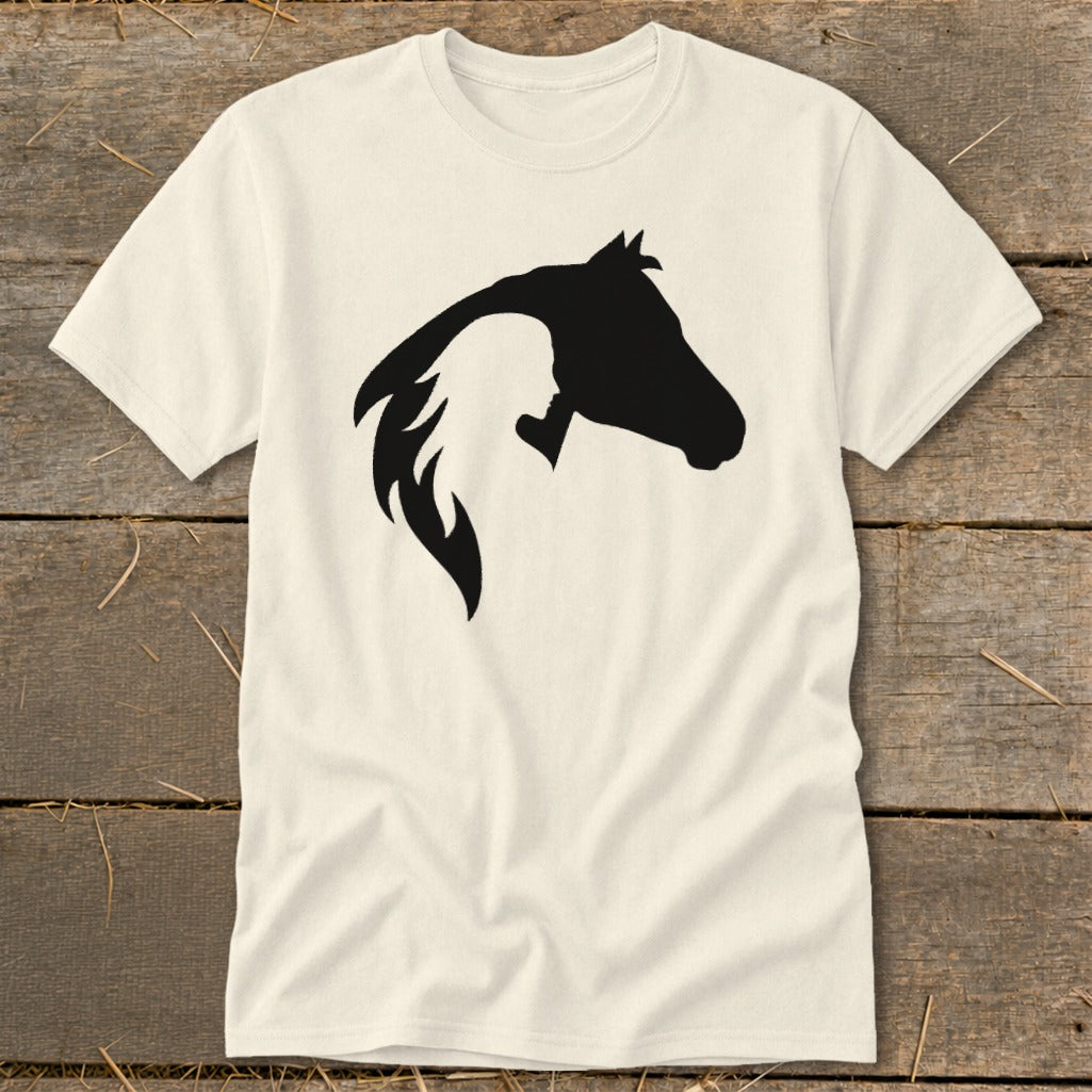 Cream t-shirt with black silhouette of a horse's head over a woman's profile.