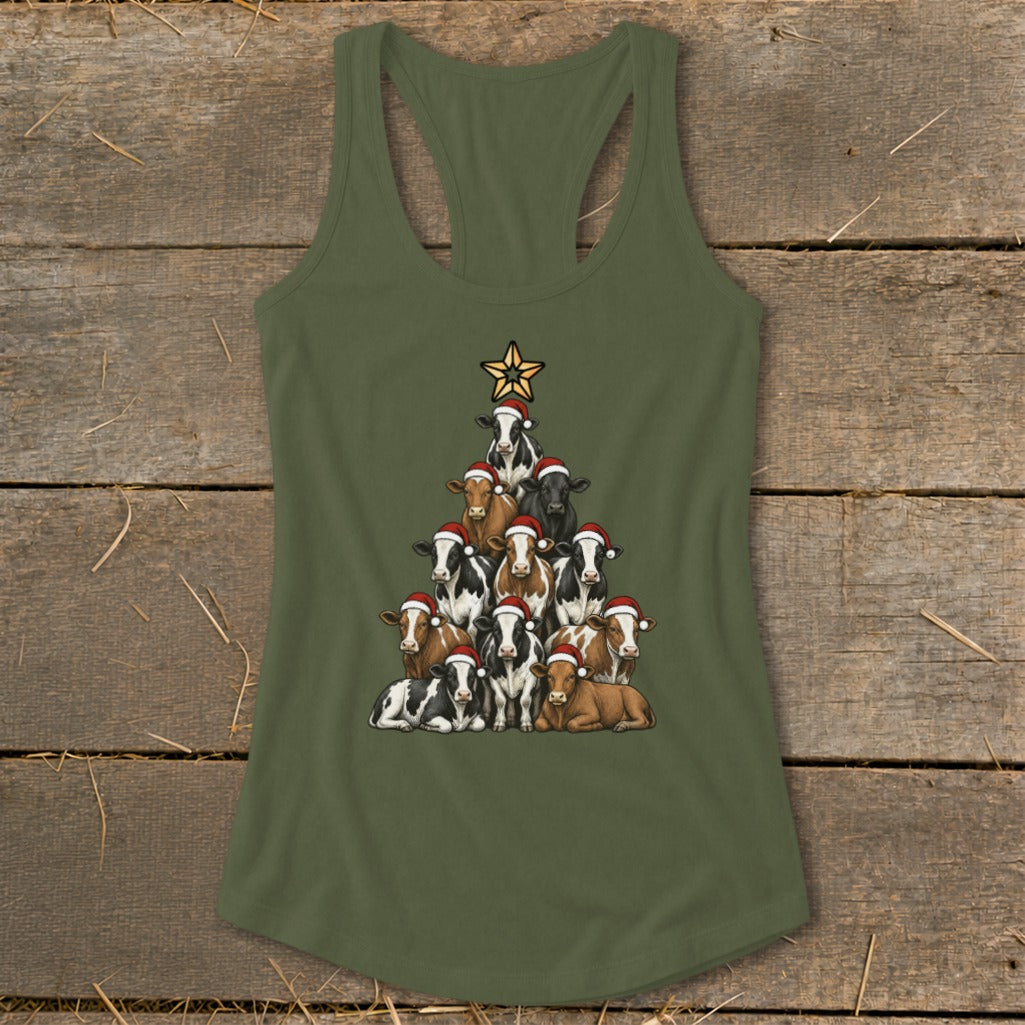 Tank top with cows in Santa hats forming a Christmas tree and star.