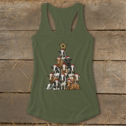Tank top with cows in Santa hats forming a Christmas tree and star.
