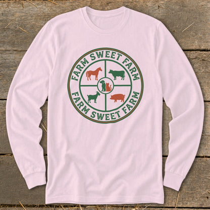 Farm Sweet Farm graphic with farm animals in a circular design.