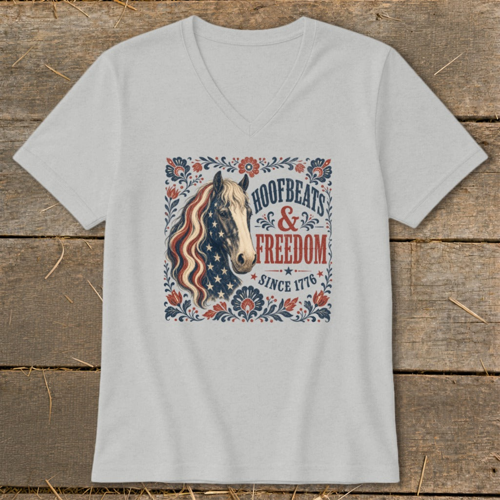 Horse with American flag mane and "Hoofbeats & Freedom Since 1776" text.