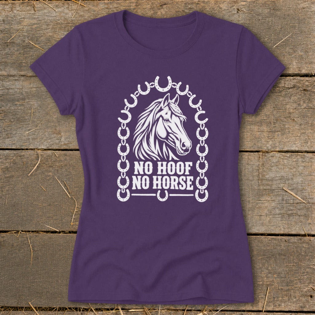 Purple t-shirt with white horse graphic and text "NO HOOF NO HORSE".