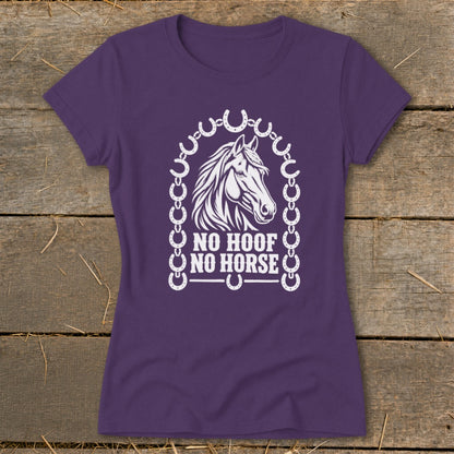 Purple t-shirt with white horse graphic and text "NO HOOF NO HORSE".