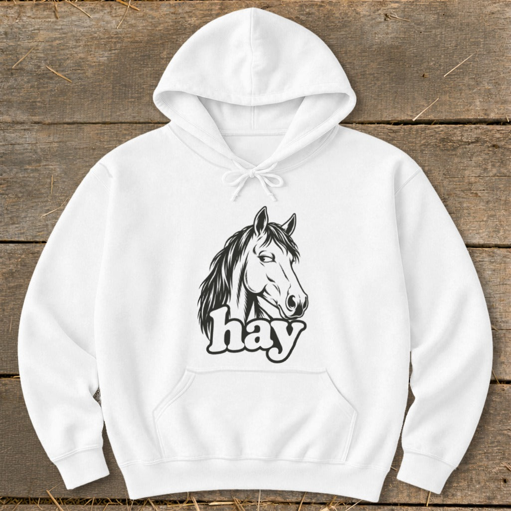 White hoodie with black horse head graphic and "hay" text.