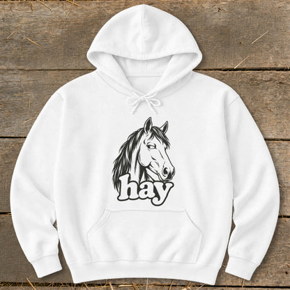 White hoodie with black horse head graphic and "hay" text.