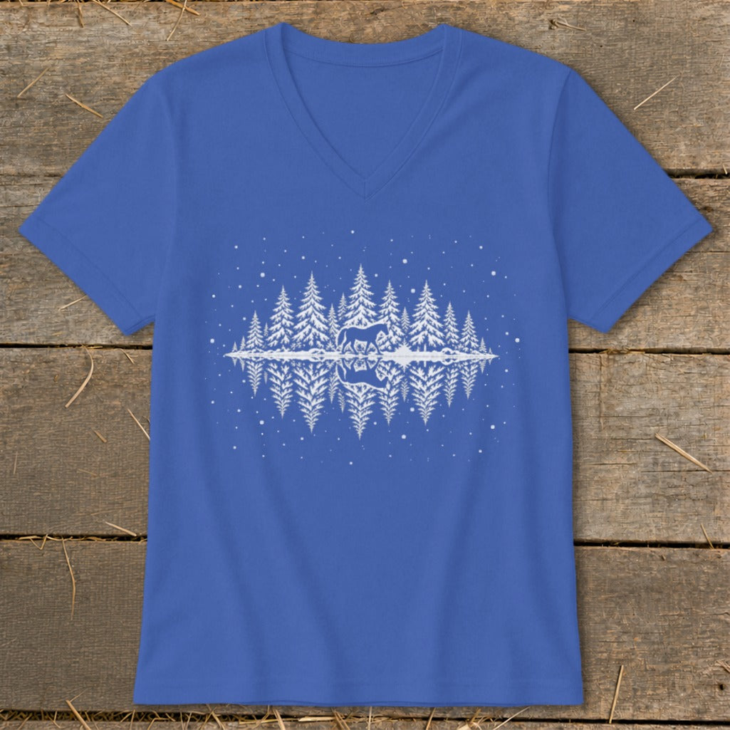 Blue v-neck t-shirt with a white graphic of a horse in a snowy forest with reflection.