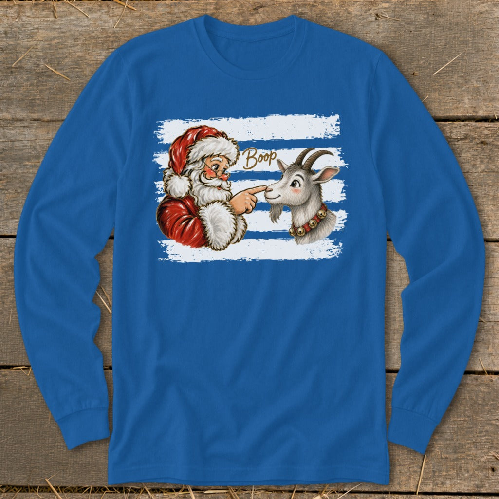 Santa Claus pointing at a goat with "Boop" text on a blue long-sleeved shirt.