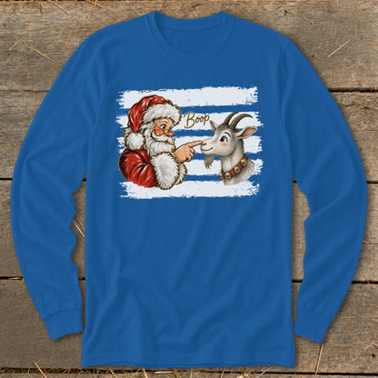 Santa Claus pointing at a goat with "Boop" text on a blue long-sleeved shirt.
