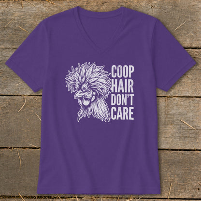 Purple t-shirt with a white drawing of a fluffy chicken and text "Coop Hair Don't Care".