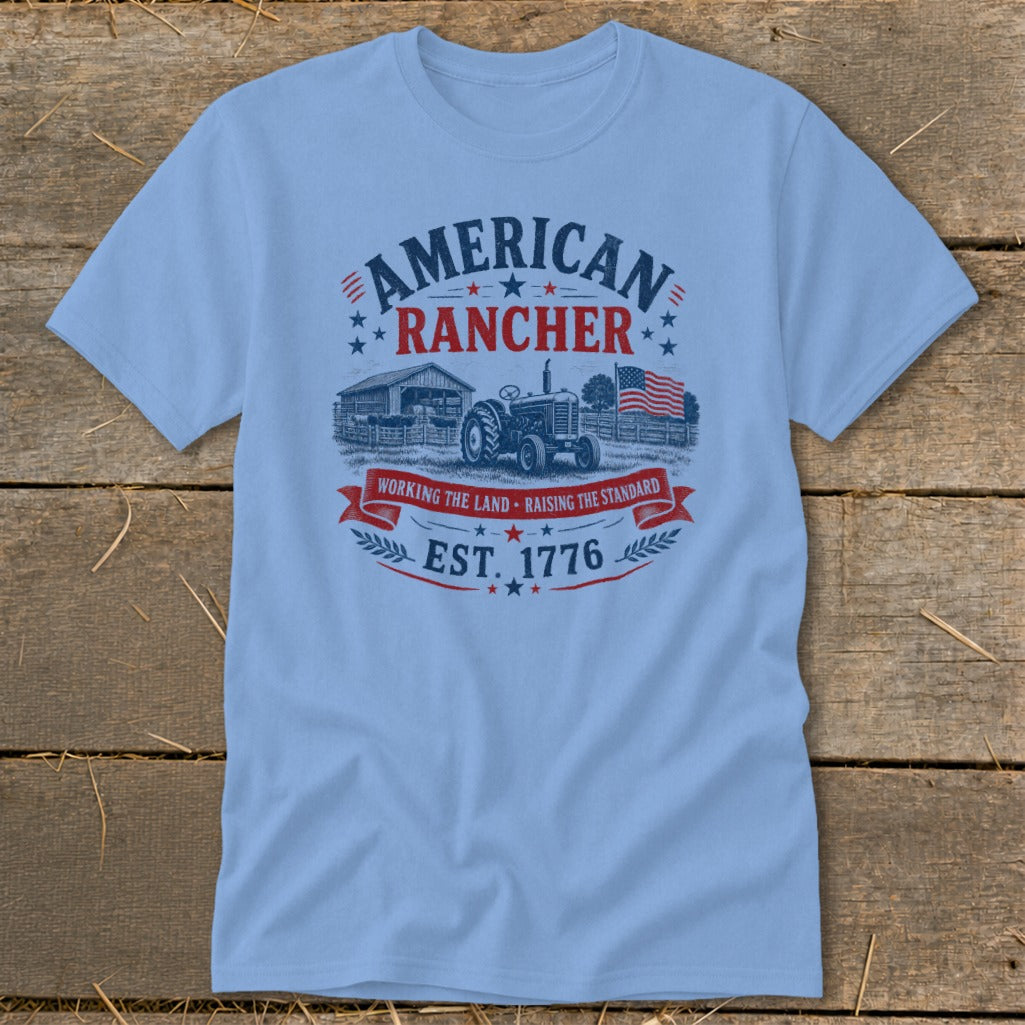 Light blue t-shirt with "American Rancher Est. 1776" graphic.