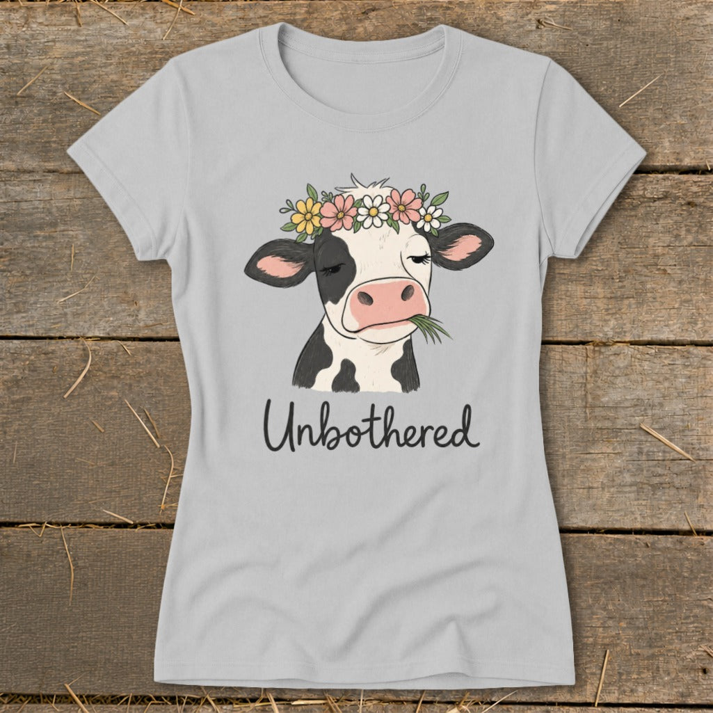 Light gray t-shirt with a cartoon cow wearing a flower crown, eating grass, and text "Unbothered".