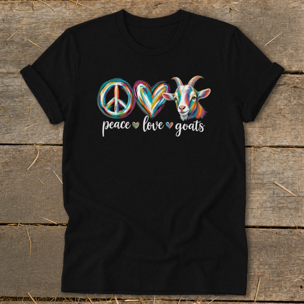 Black t-shirt with colorful peace sign, heart, and goat graphic and text.