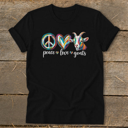 Black t-shirt with colorful peace sign, heart, and goat graphic and text.
