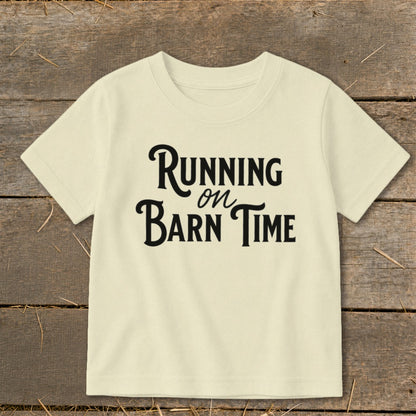 Cream t-shirt with black text reading "Running on Barn Time".