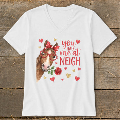 White t-shirt with horse graphic and text "you had me at NEIGH".