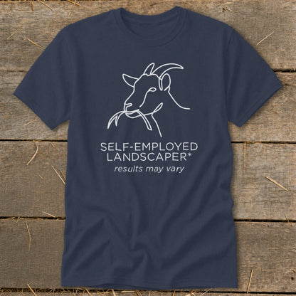 Navy t-shirt with white line drawing of a goat and text.