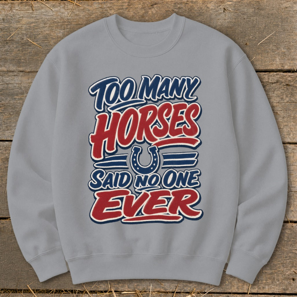 Gray sweatshirt with "Too Many Horses Said No One Ever" graphic and horseshoe.