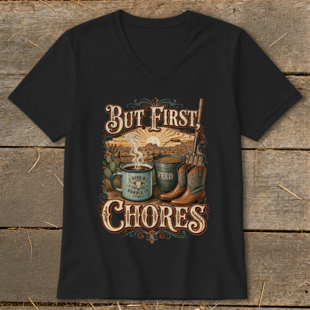 But First, Chores with cowboy boots, coffee mug, and feed bucket.