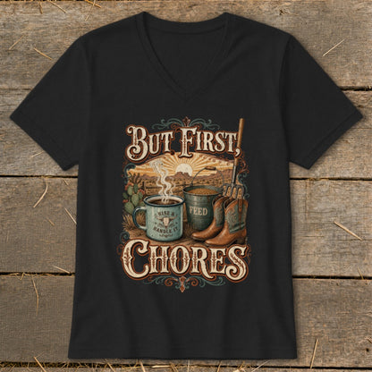 But First, Chores with cowboy boots, coffee mug, and feed bucket.