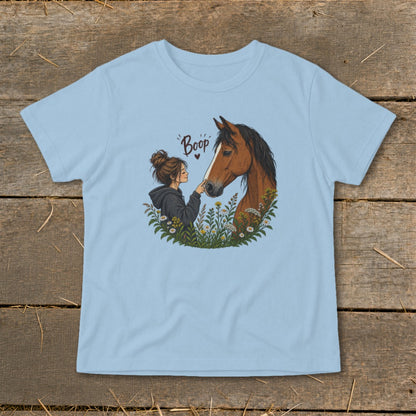 Illustration of girl booping horse's nose with "Boop" text in flowers.