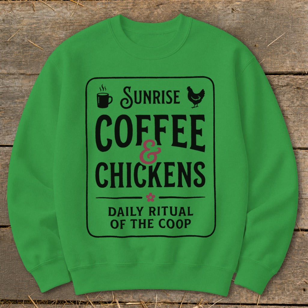Green sweatshirt with black text: Sunrise Coffee & Chickens, Daily Ritual of the Coop.
