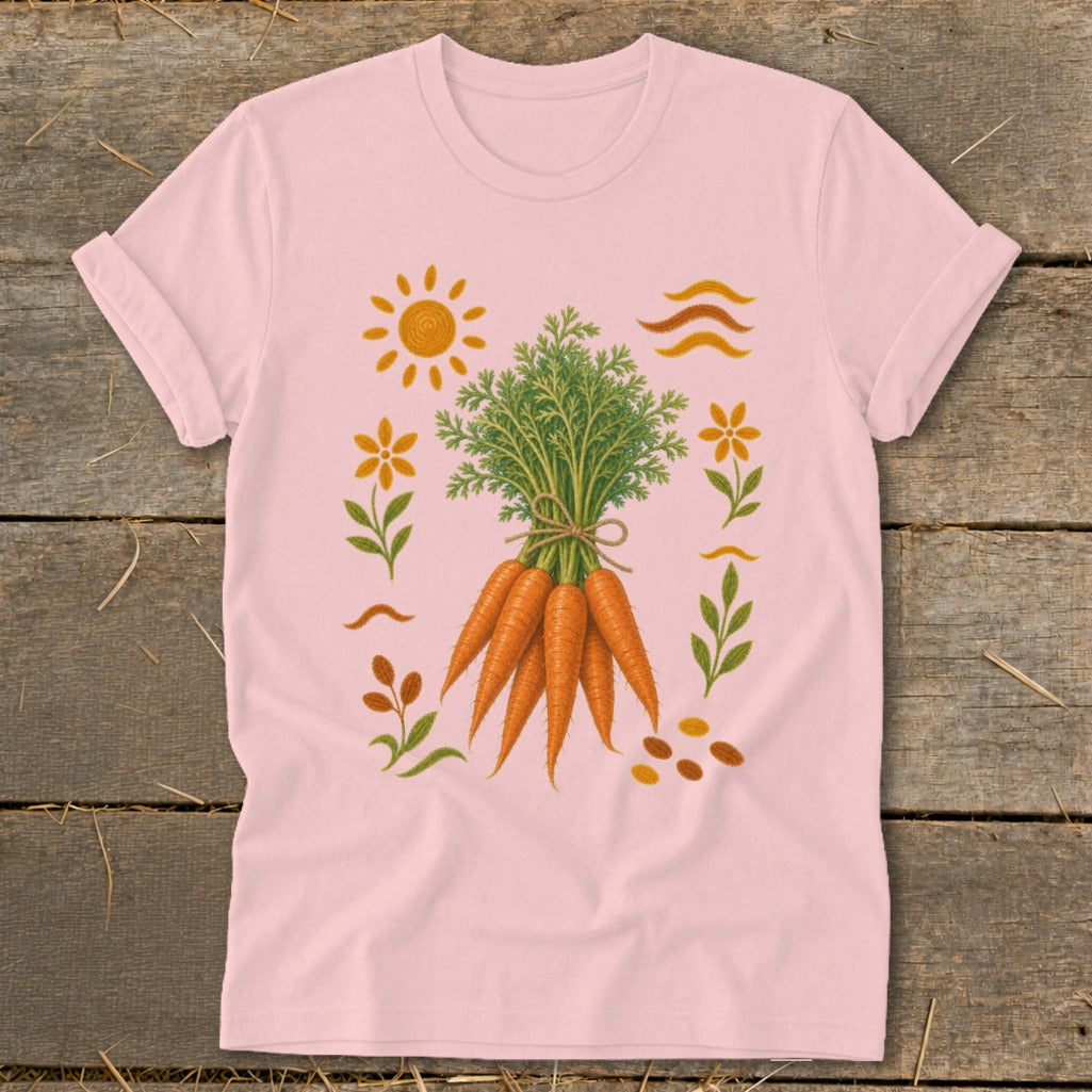 Pink t-shirt with a watercolor illustration of carrots and a sun.