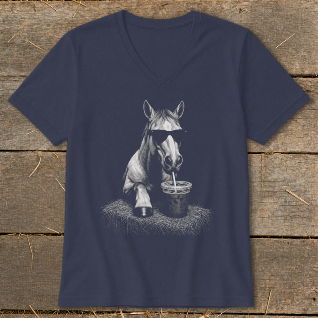 Navy t-shirt with a horse wearing sunglasses drinking from a cup.