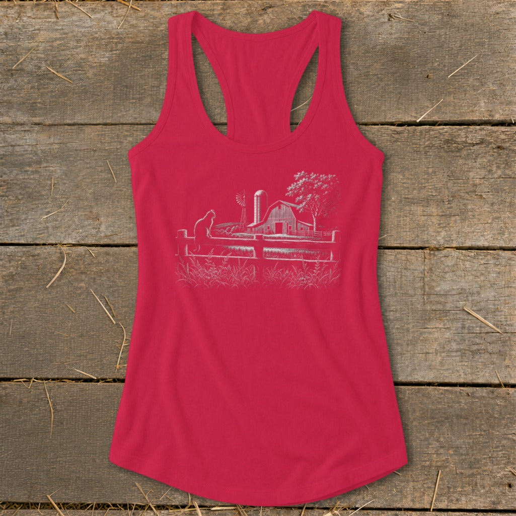 Red tank top with white line art of a farm scene: barn, windmill, tree, cat, and fence.