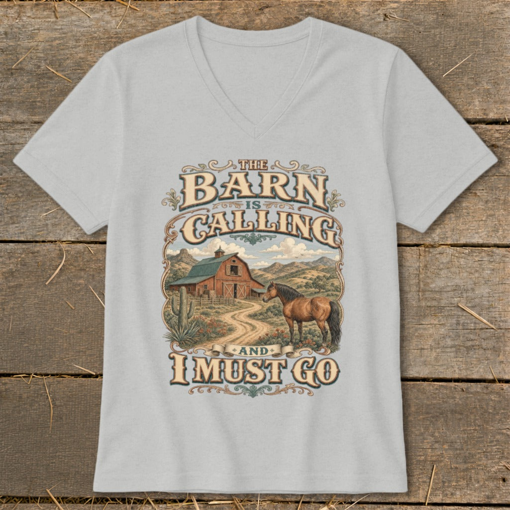 Light grey t-shirt with "The Barn Is Calling And I Must Go" text and barn scene.