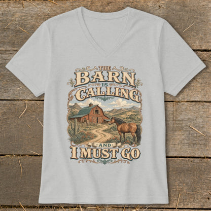 Light grey t-shirt with "The Barn Is Calling And I Must Go" text and barn scene.