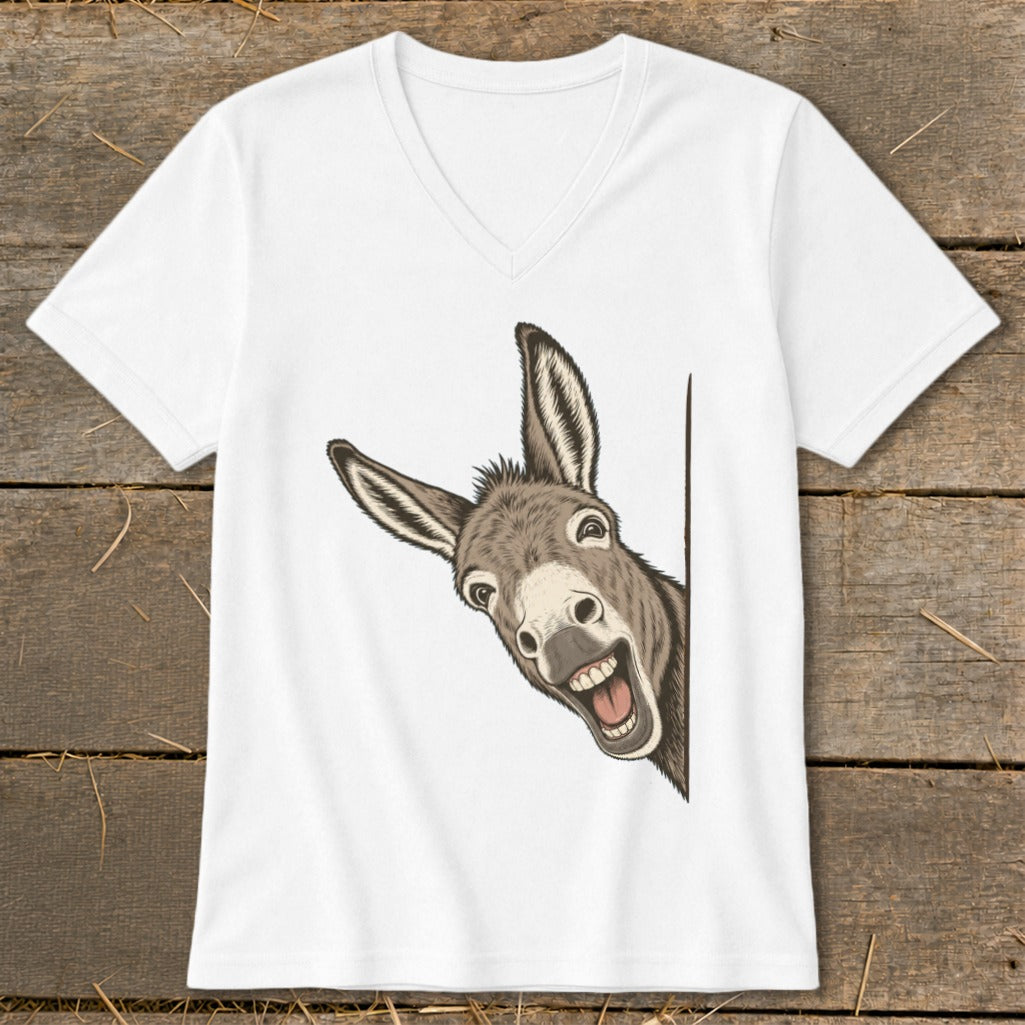 White t-shirt with a cartoon donkey peeking around a corner with a wide smile.