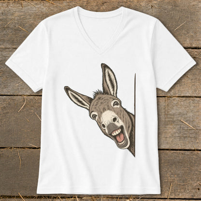 White t-shirt with a cartoon donkey peeking around a corner with a wide smile.