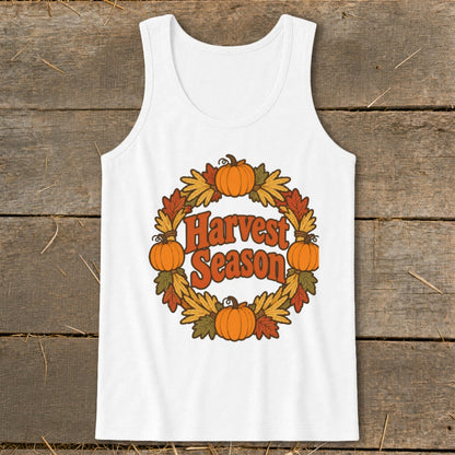 White tank top with "Harvest Season" text surrounded by pumpkins and leaves.