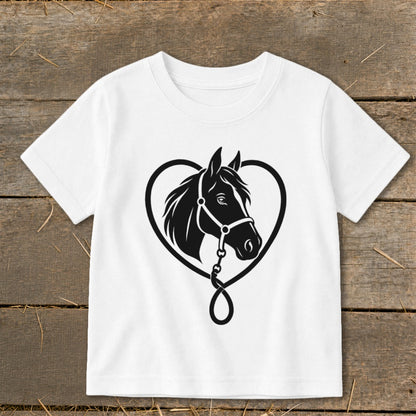 A white child's t-shirt features a black graphic of a horse head inside a heart outline.
