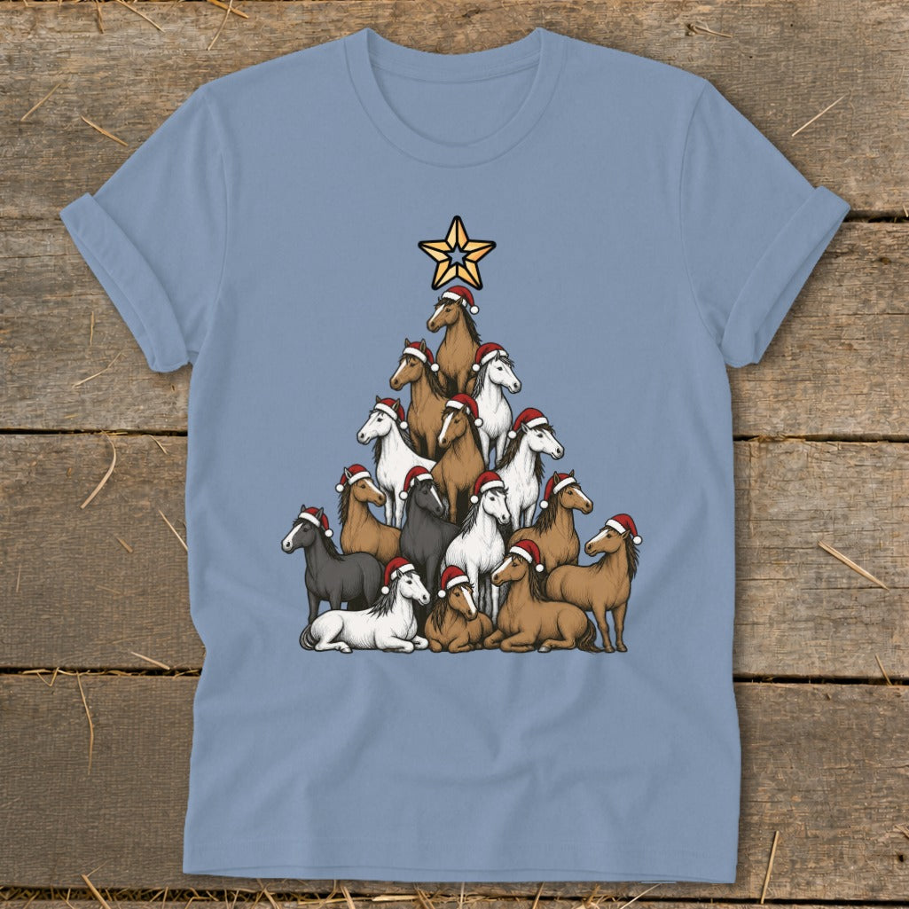 Horses wearing Santa hats arranged in a Christmas tree shape topped with a star.