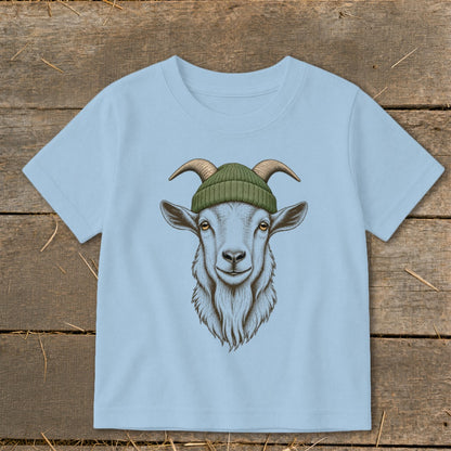 Light blue t-shirt with a drawing of a goat wearing a green beanie.