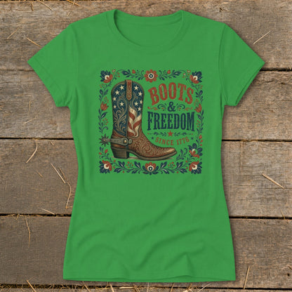 Green t-shirt with cowboy boot graphic and text: "Boots & Freedom Since 1776".