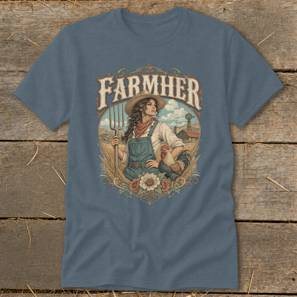 "Farmher" graphic on a t-shirt features a woman with a pitchfork and rooster.
