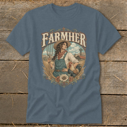 "Farmher" graphic on a t-shirt features a woman with a pitchfork and rooster.
