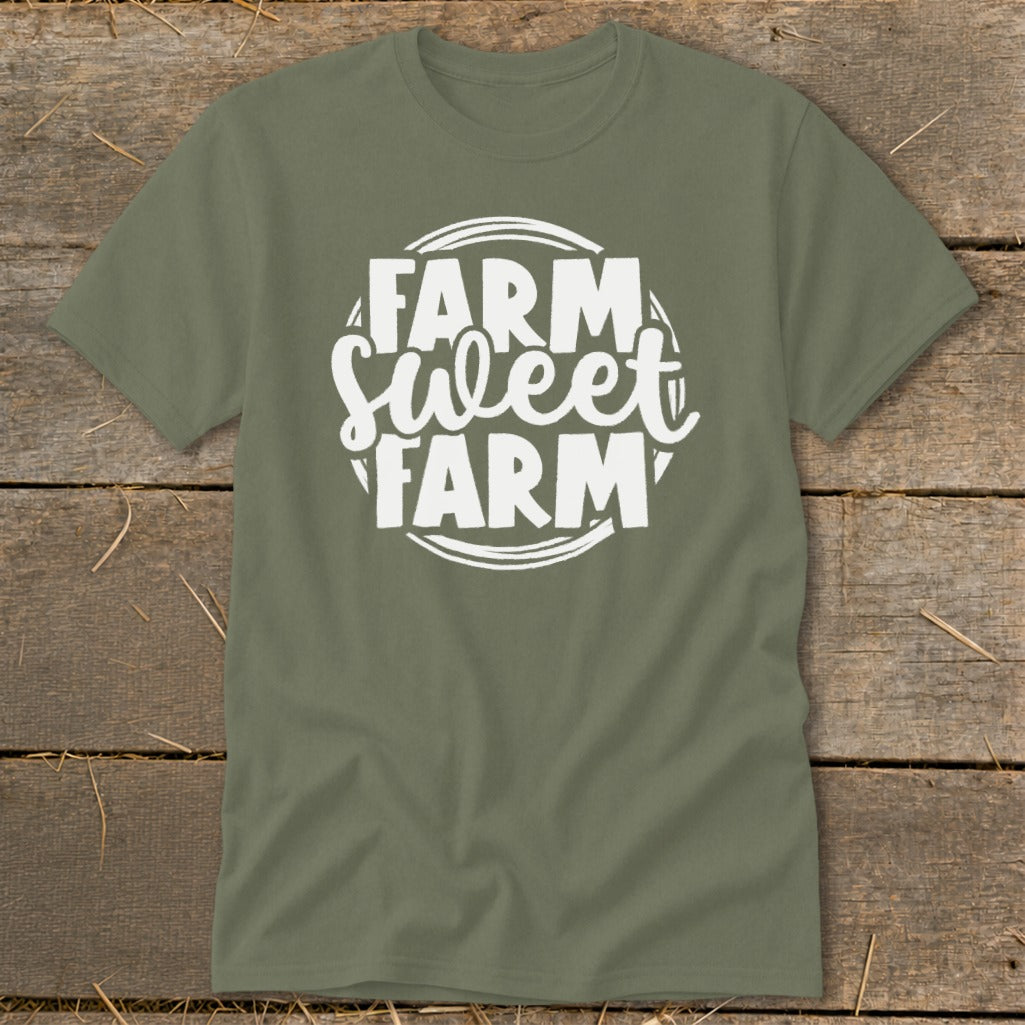 Green t-shirt with white text "Farm Sweet Farm" inside a circular design.
