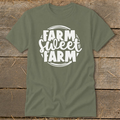 Green t-shirt with white text "Farm Sweet Farm" inside a circular design.