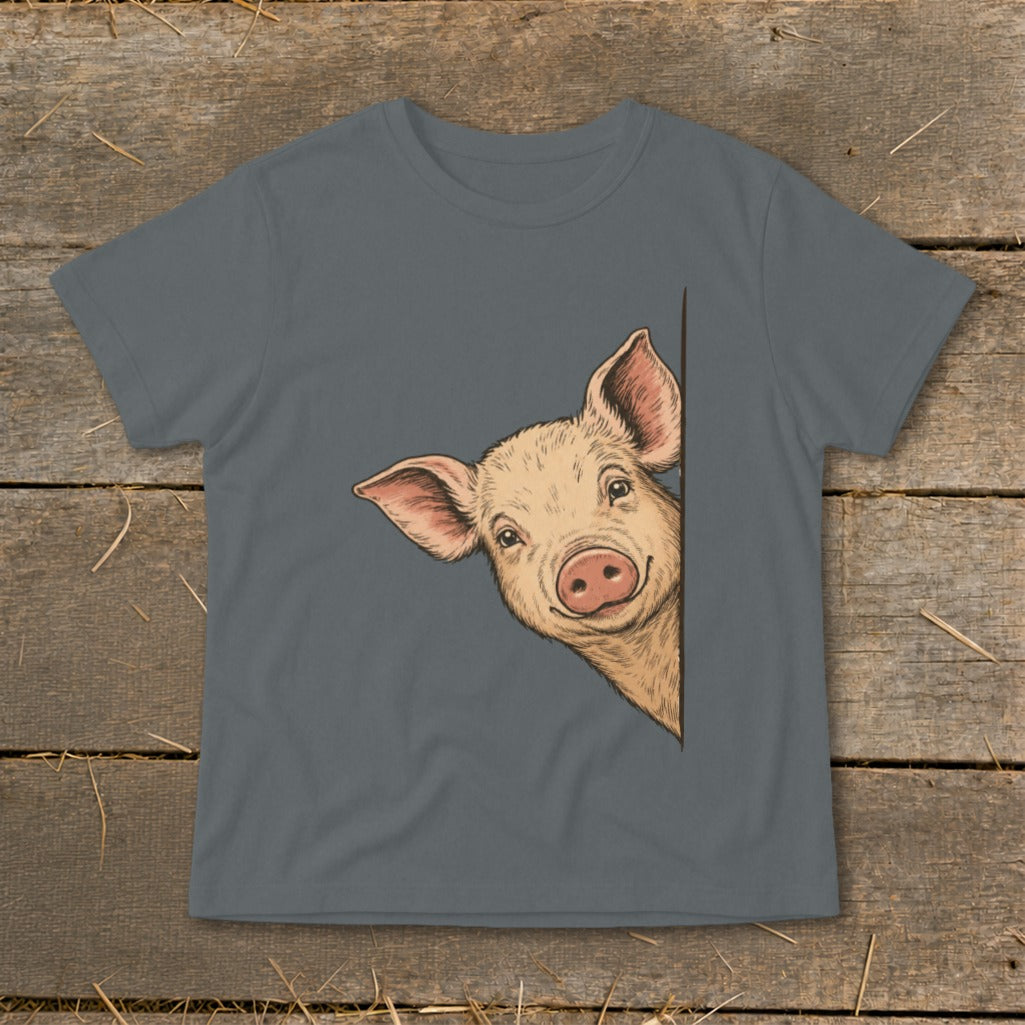 Grey t-shirt with a drawing of a pig peeking from the right side.