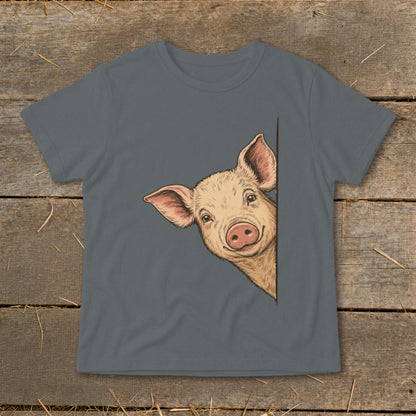 Grey t-shirt with a drawing of a pig peeking from the right side.