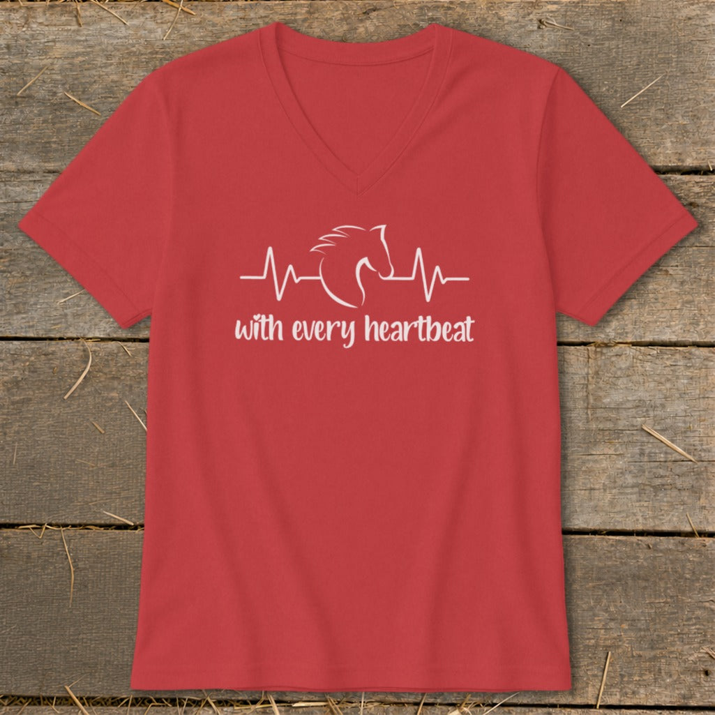Red v-neck t-shirt with white horse and heartbeat graphic and text.