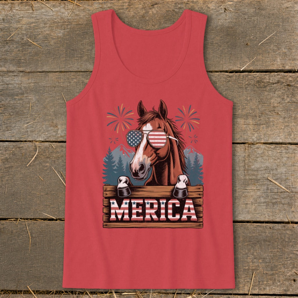 Horse wearing American flag sunglasses with "MERICA" text and fireworks.